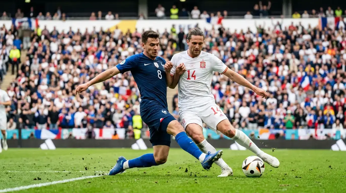 To fotballspillere kjemper om ballen i en duell under en VM-kamp i sterkt sollys