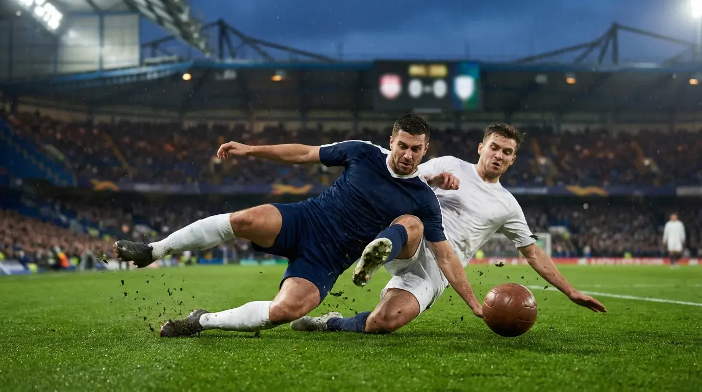 Intense duell mellom to fotballspillere om ballen under internasjonal kamp