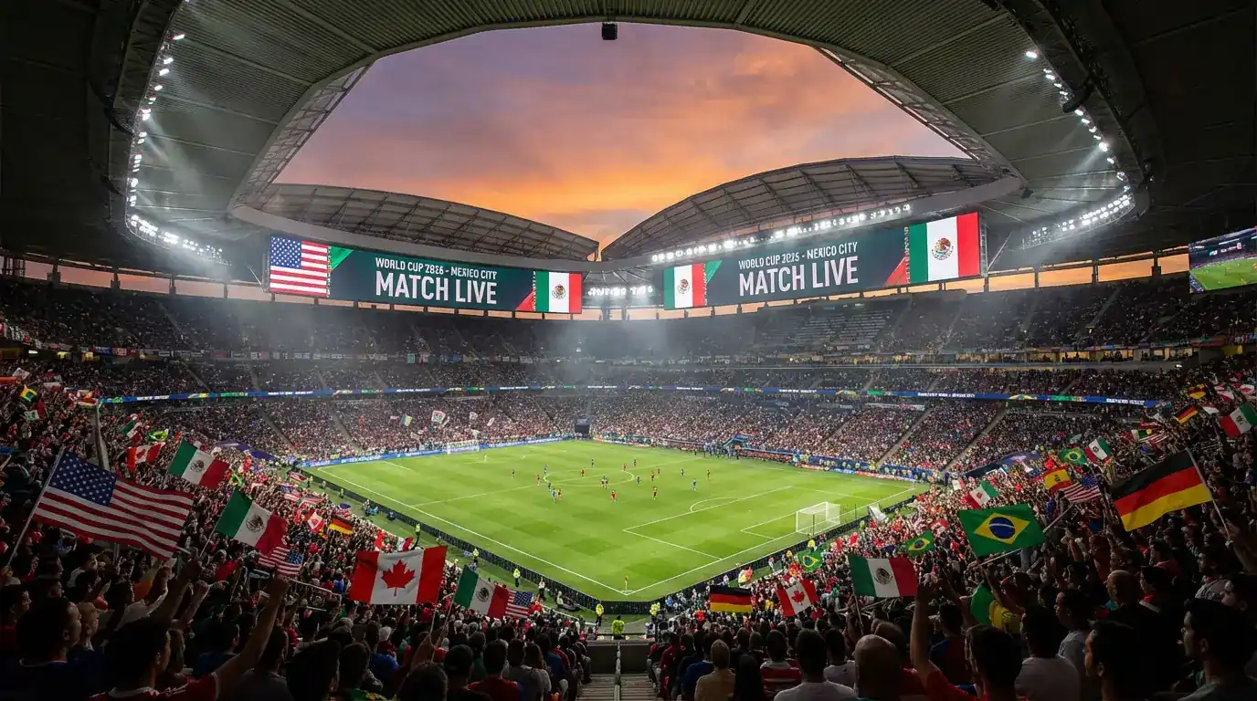 Fotballstadion fylt med supportere under VM 2026-kamp i Nord-Amerika