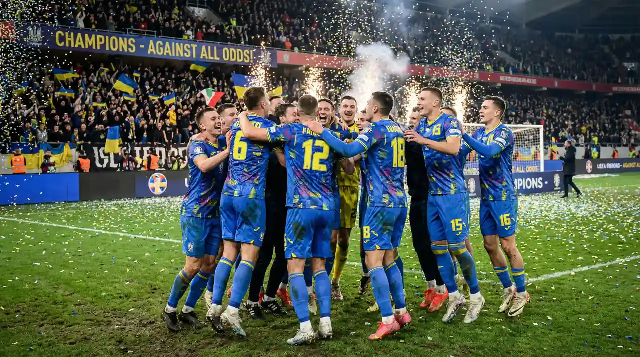 Fotballspillere i nasjonaldrakter jubler etter overraskende seier i stor turnering