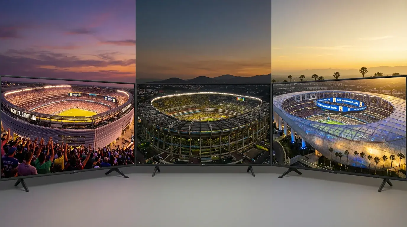 Collage av de viktigste VM 2026-stadionene med MetLife Stadium, Estadio Azteca og SoFi Stadium