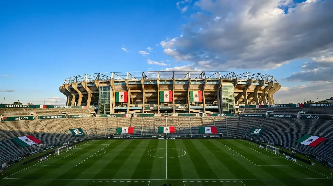 Estadio Azteca i Mexico City med VM 2026-dekorasjoner og grønt gressmatte